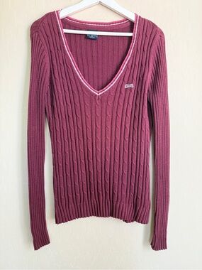 Le Tigre Y2K Women's Cable Knit V-Neck Sweater Pink Trim Burgundy Academia XL